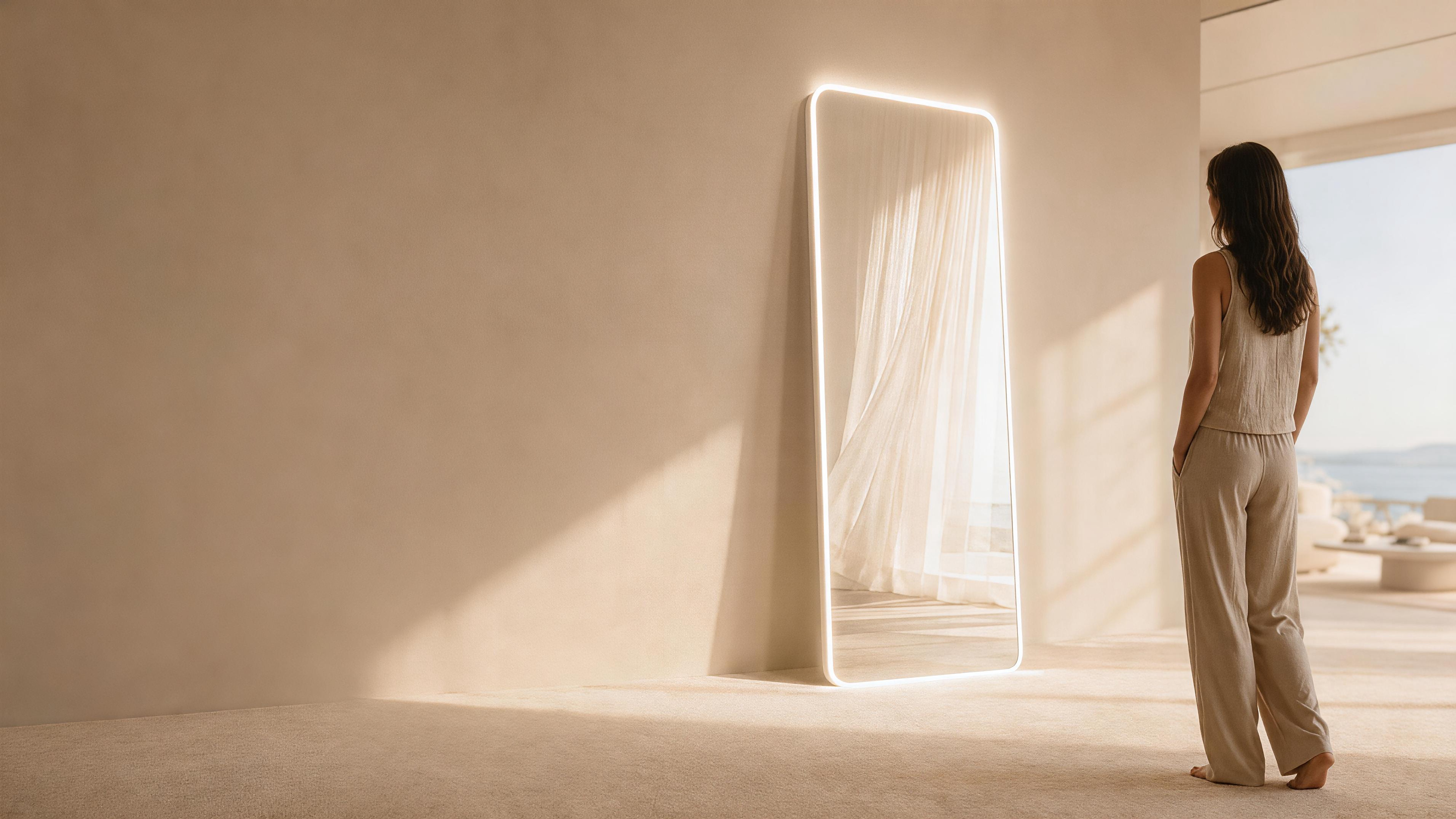 Tomirro — a premium full-length AI styling mirror in a warm minimalist interior